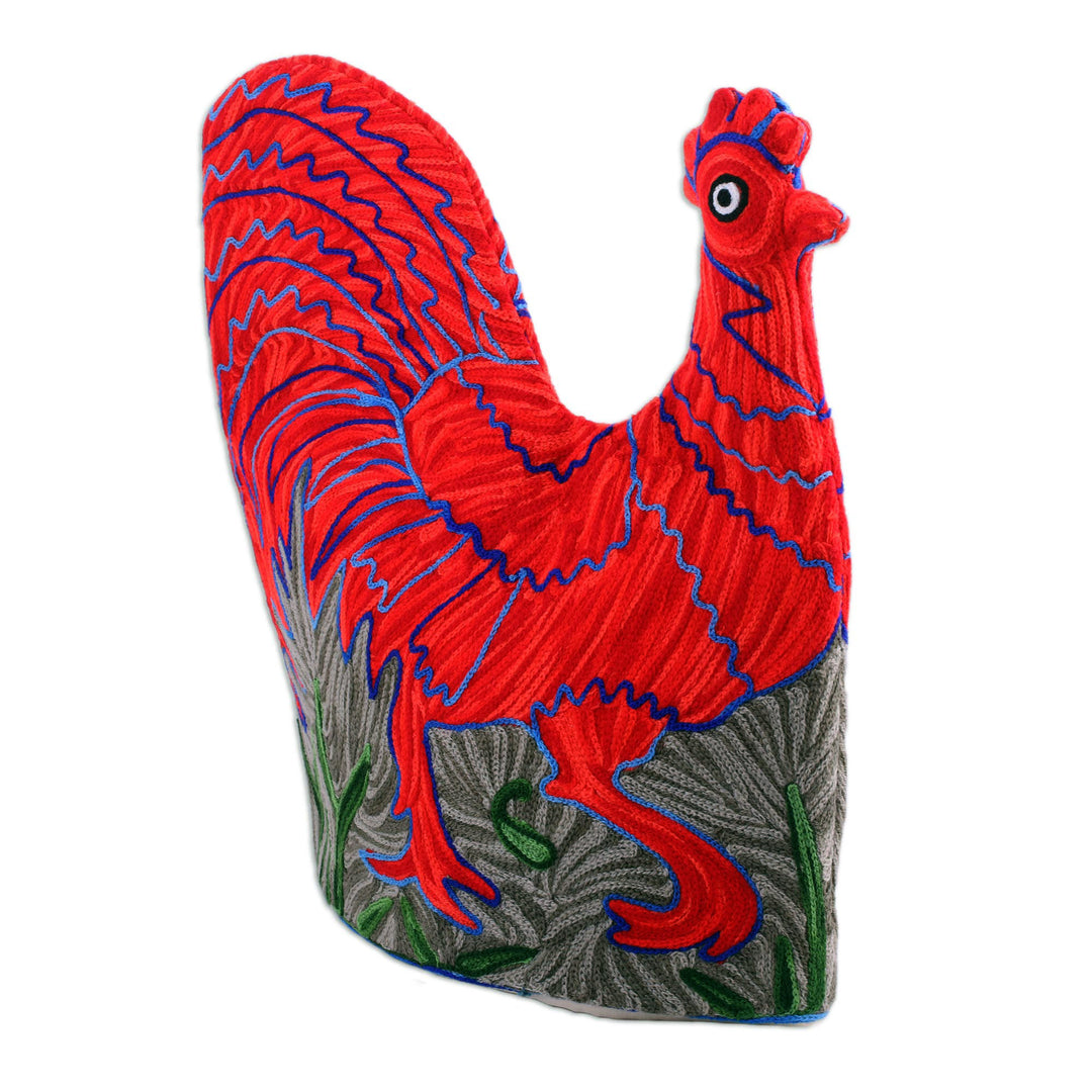 Indian Chain Stitched Wool and Cotton Red Rooster Tea Cozy - Morning Rooster