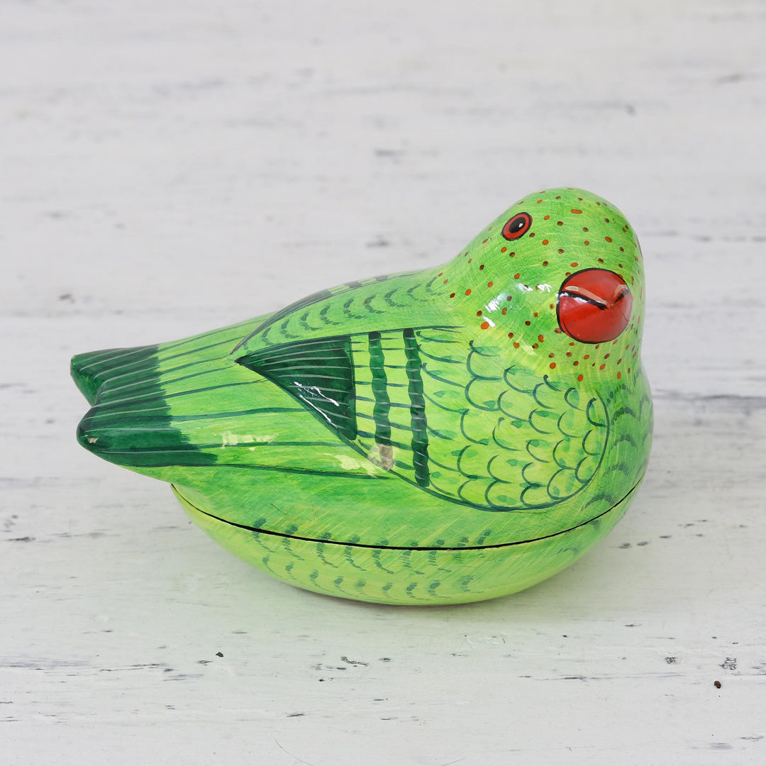 Green Papier Mache Parrot Keepsake Box from India - Pretty Parrot