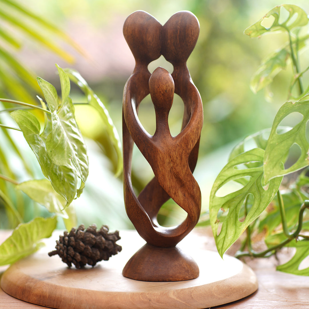Hand Crafted Wood Family Statuette from Bali - Family Spiral