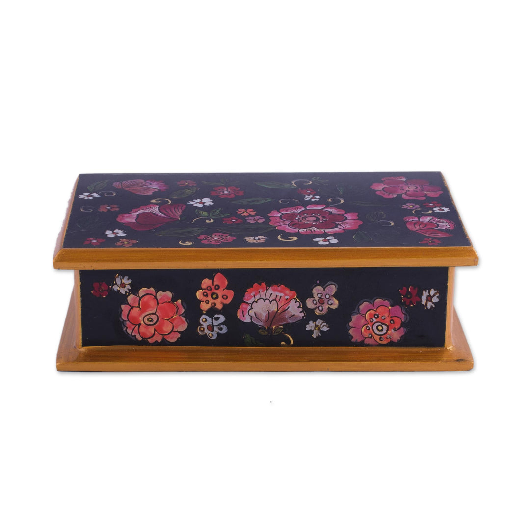 Reverse-Painted Glass Decorative Box in Black from Peru - Colonial Bouquet