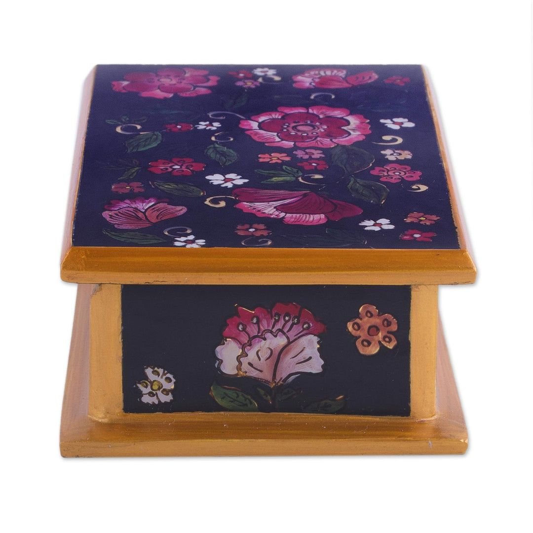 Reverse-Painted Glass Decorative Box in Black from Peru - Colonial Bouquet