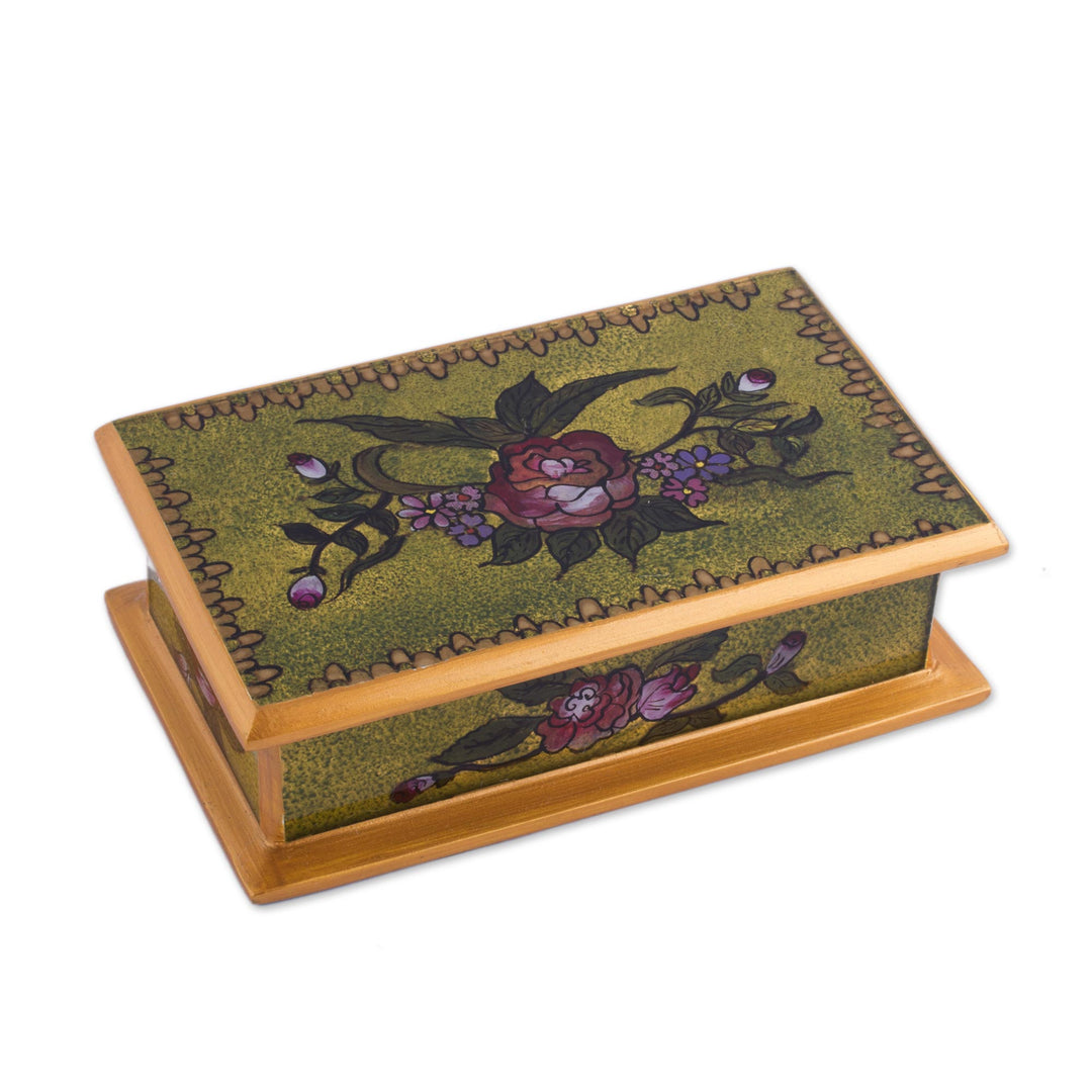 Reverse Painted Glass Decorative Box in Green from Peru - Green Garden