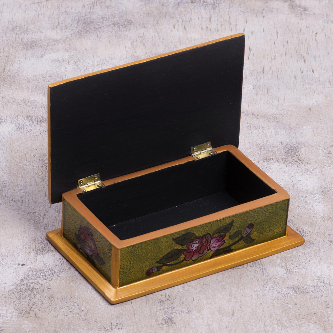 Reverse Painted Glass Decorative Box in Green from Peru - Green Garden
