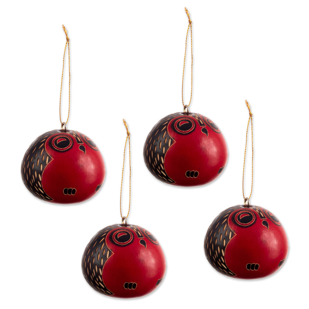 Red Dried Mate Gourd Owl Ornaments from Peru (set of 4) - Owl Sentries