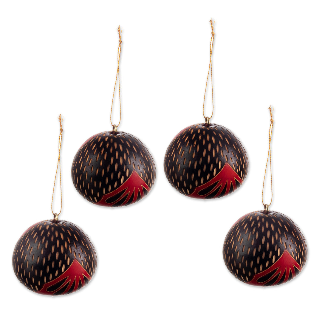 Red Dried Mate Gourd Owl Ornaments from Peru (set of 4) - Owl Sentries
