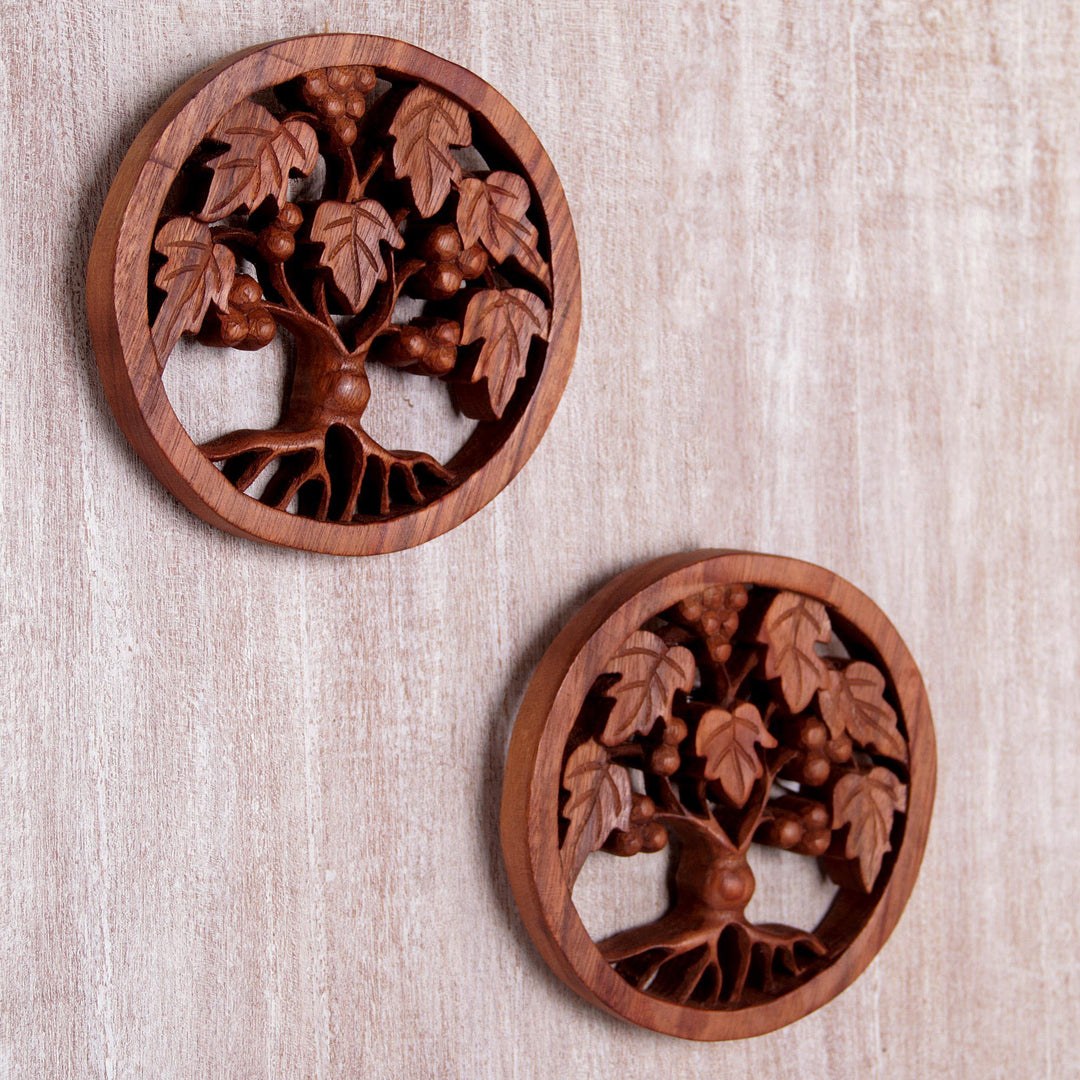 Tree-Themed Suar Wood Relief Panels (Pair) from Bali - Berry Trees