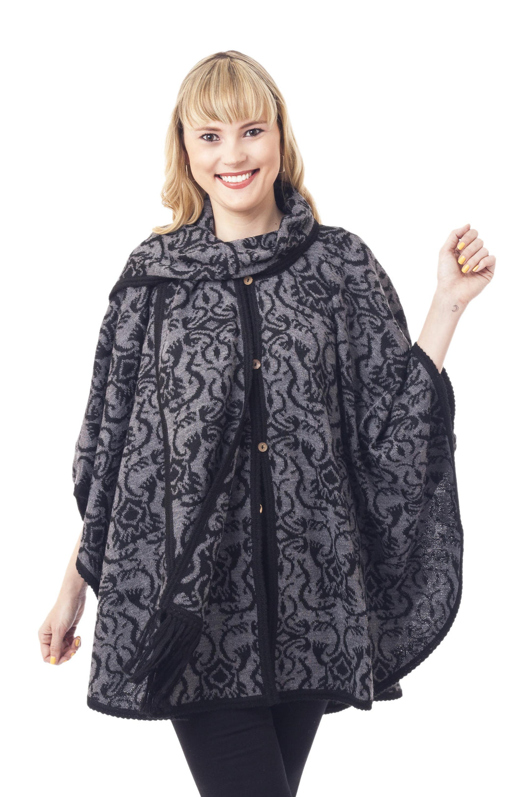 Alpaca Blend Grey and Black Ruana with Scarf - Peruvian Wildflower in Grey