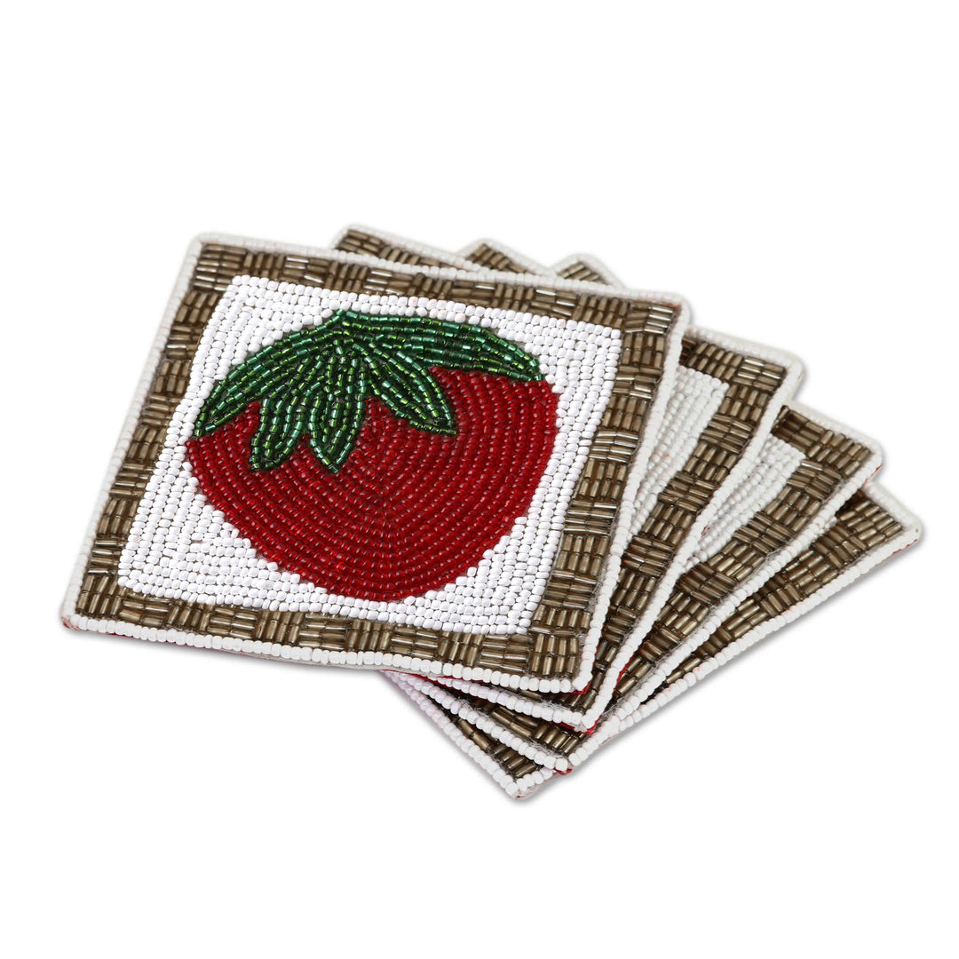 Set of Four Glass Beaded Strawberry Coasters from India - Sweet Strawberry