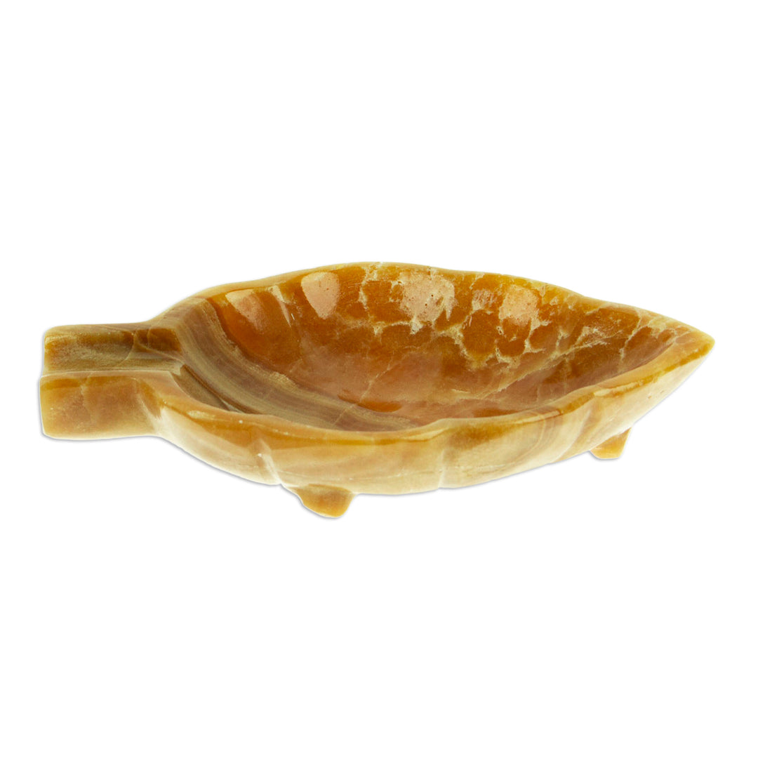 Handcrafted Leaf-Shaped Onyx Catchall in Brown from Mexico - Handy Leaf in Brown