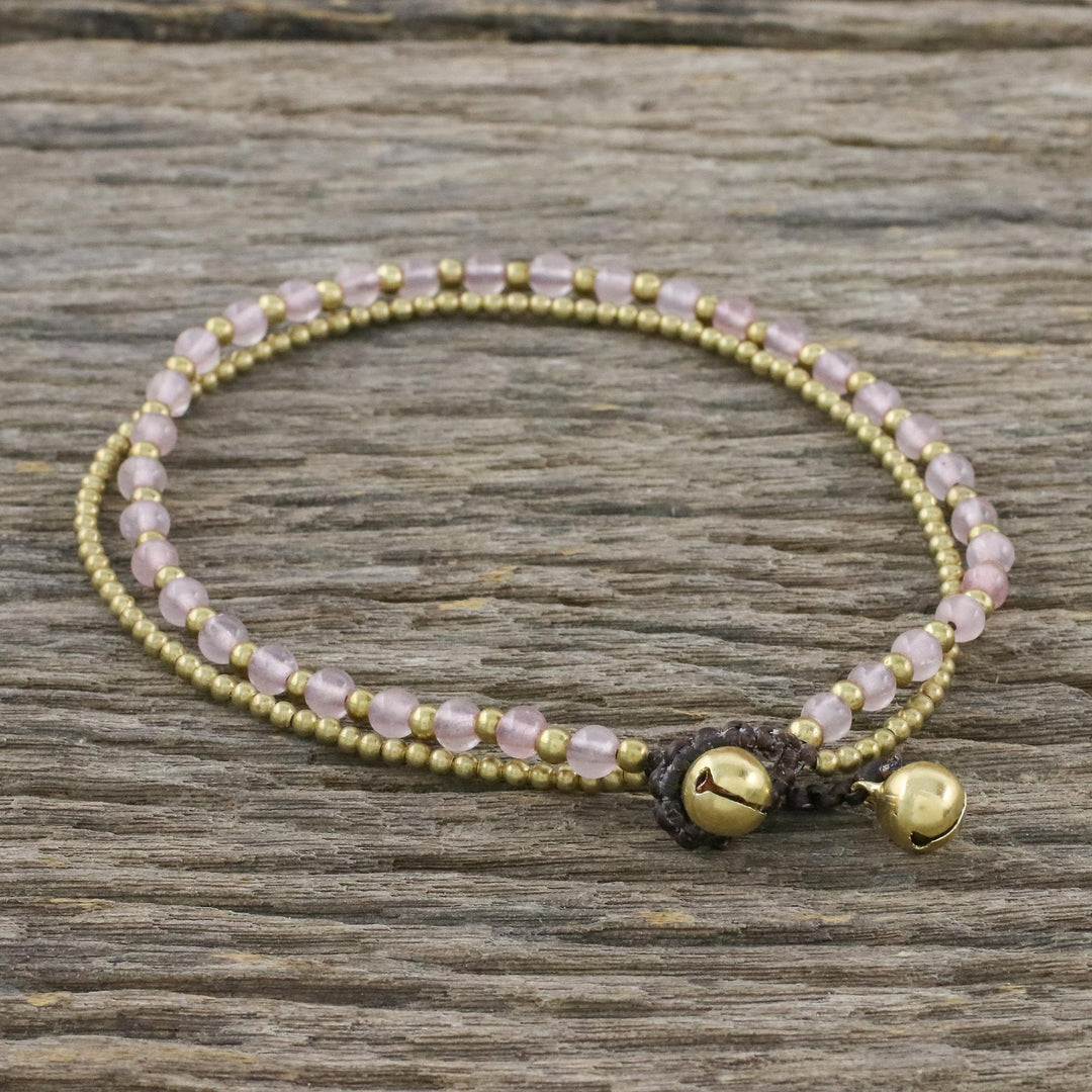 Rose Quartz and Brass Beaded Anklet from Thailand - Ringing Beauty