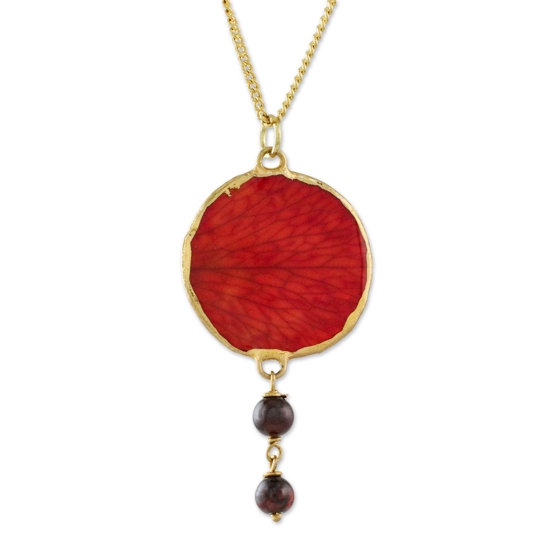Garnet and Gold Plated Natural Rose Petal Pendant Necklace - Autumn Red Rose