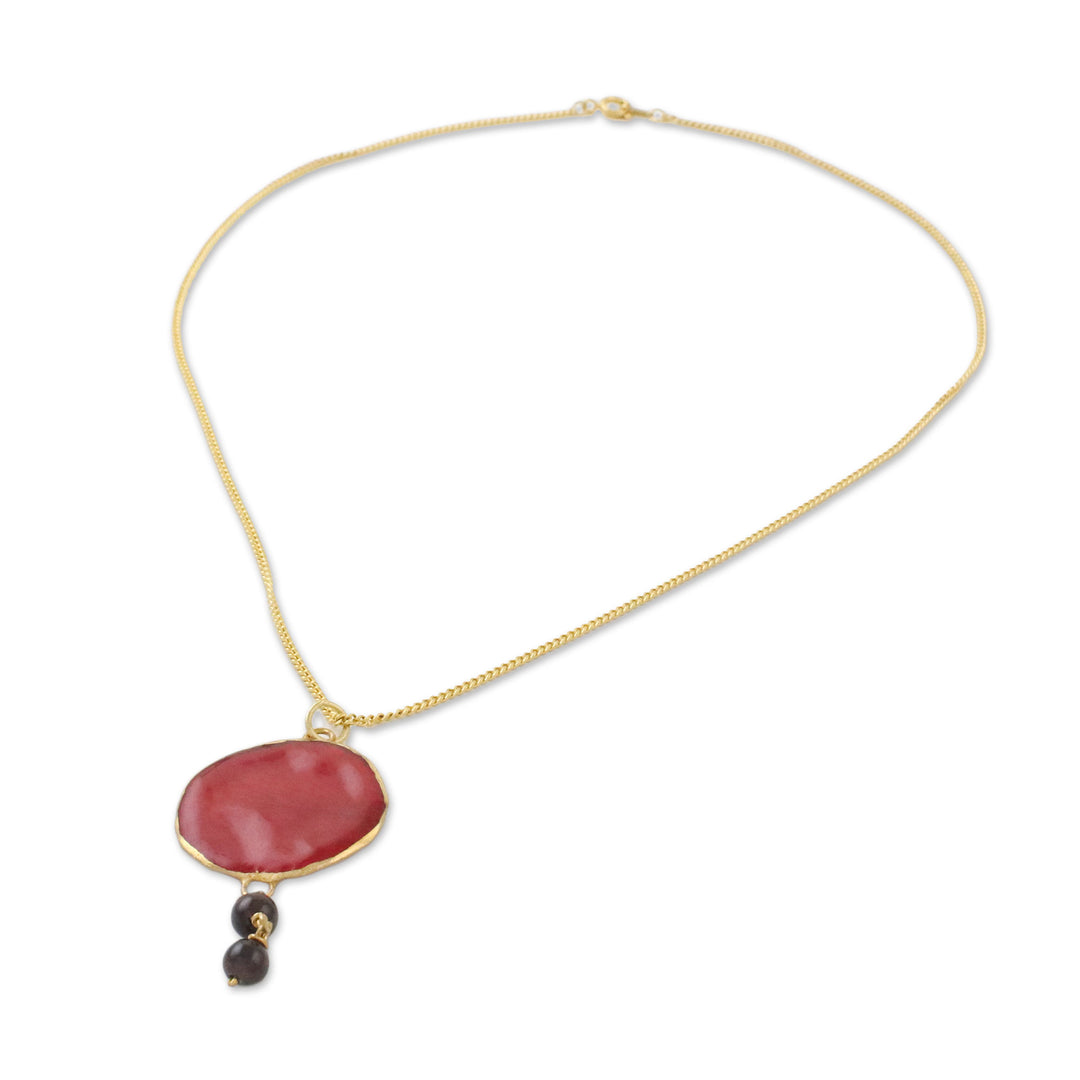 Garnet and Gold Plated Natural Rose Petal Pendant Necklace - Autumn Red Rose
