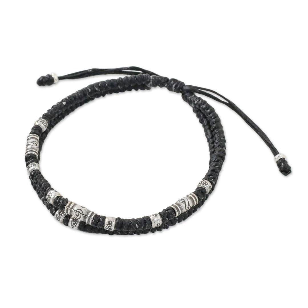 Thai Hill Tribe Style Unisex Silver Beaded Cord Bracelet - Double Luck in Black