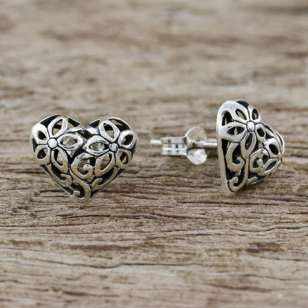 Floral Heart-Shaped Sterling Silver Earrings from Thailand - Petaled Hearts