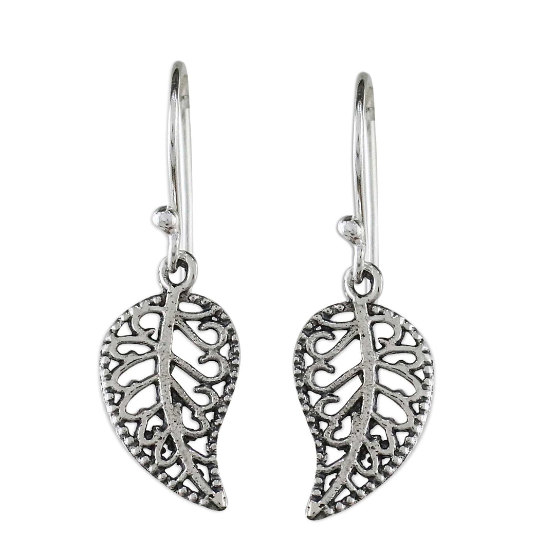 Spiraling Leaf-Shaped Sterling Silver Earrings from Thailand - Swirling Leaves