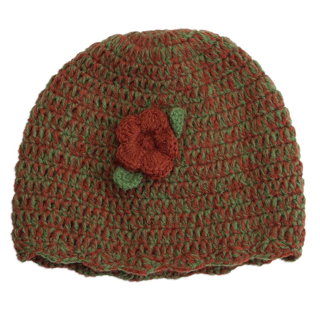 Alpaca Blend Hat in Avocado and Burnt Orange from Peru - Floral Warmth