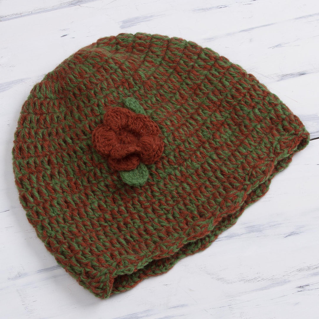 Alpaca Blend Hat in Avocado and Burnt Orange from Peru - Floral Warmth