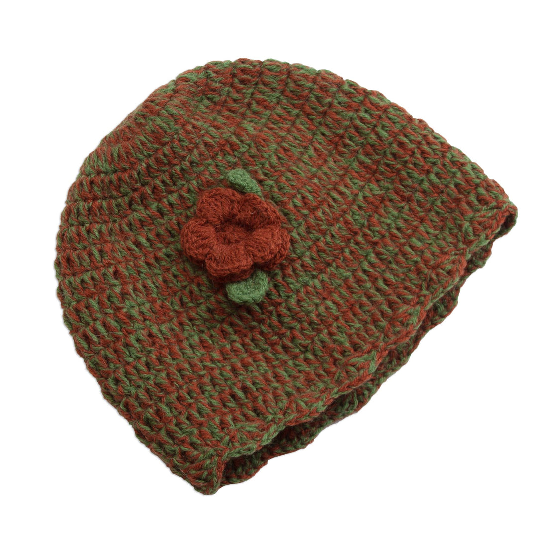 Alpaca Blend Hat in Avocado and Burnt Orange from Peru - Floral Warmth