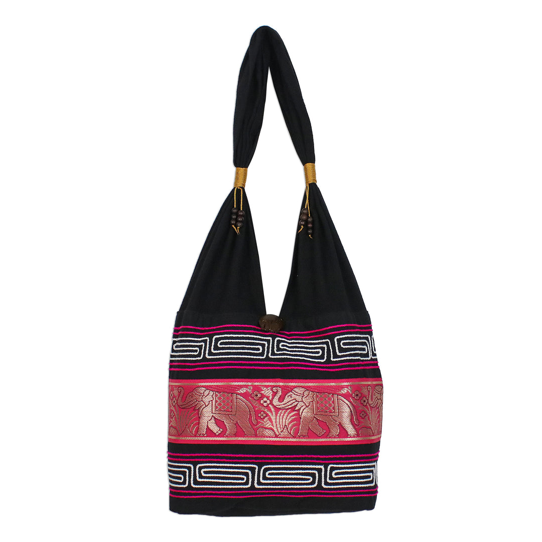 Elephant Cotton Blend Shoulder Bag in Ruby from Thailand - Thai Elephants in Ruby