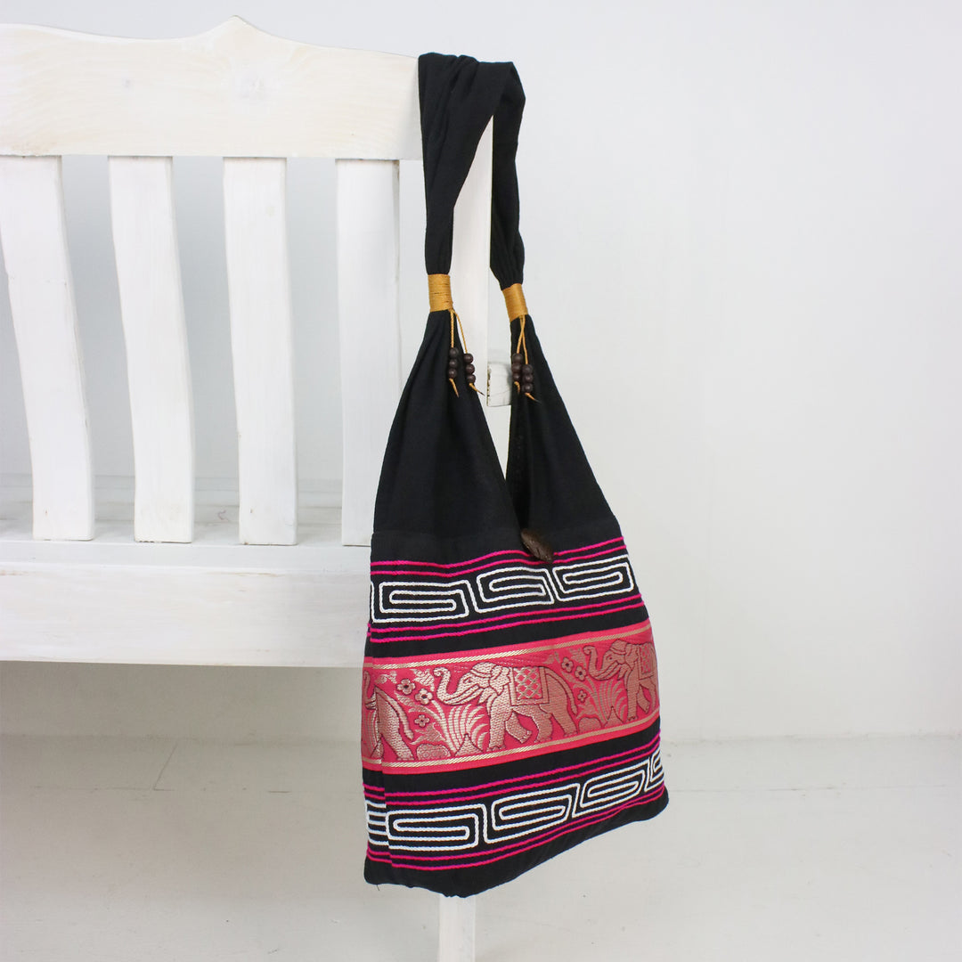 Elephant Cotton Blend Shoulder Bag in Ruby from Thailand - Thai Elephants in Ruby