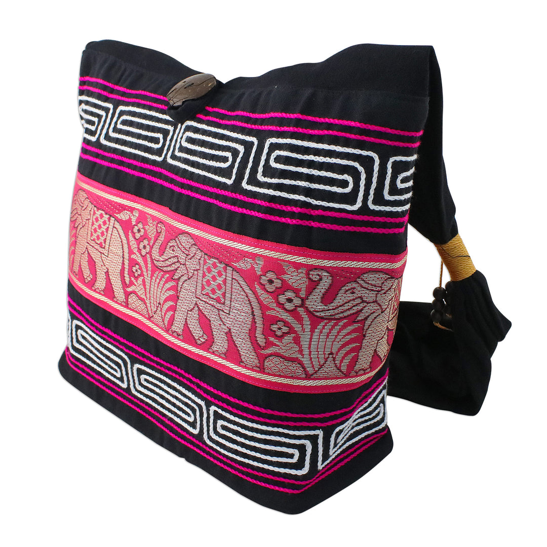 Elephant Cotton Blend Shoulder Bag in Ruby from Thailand - Thai Elephants in Ruby