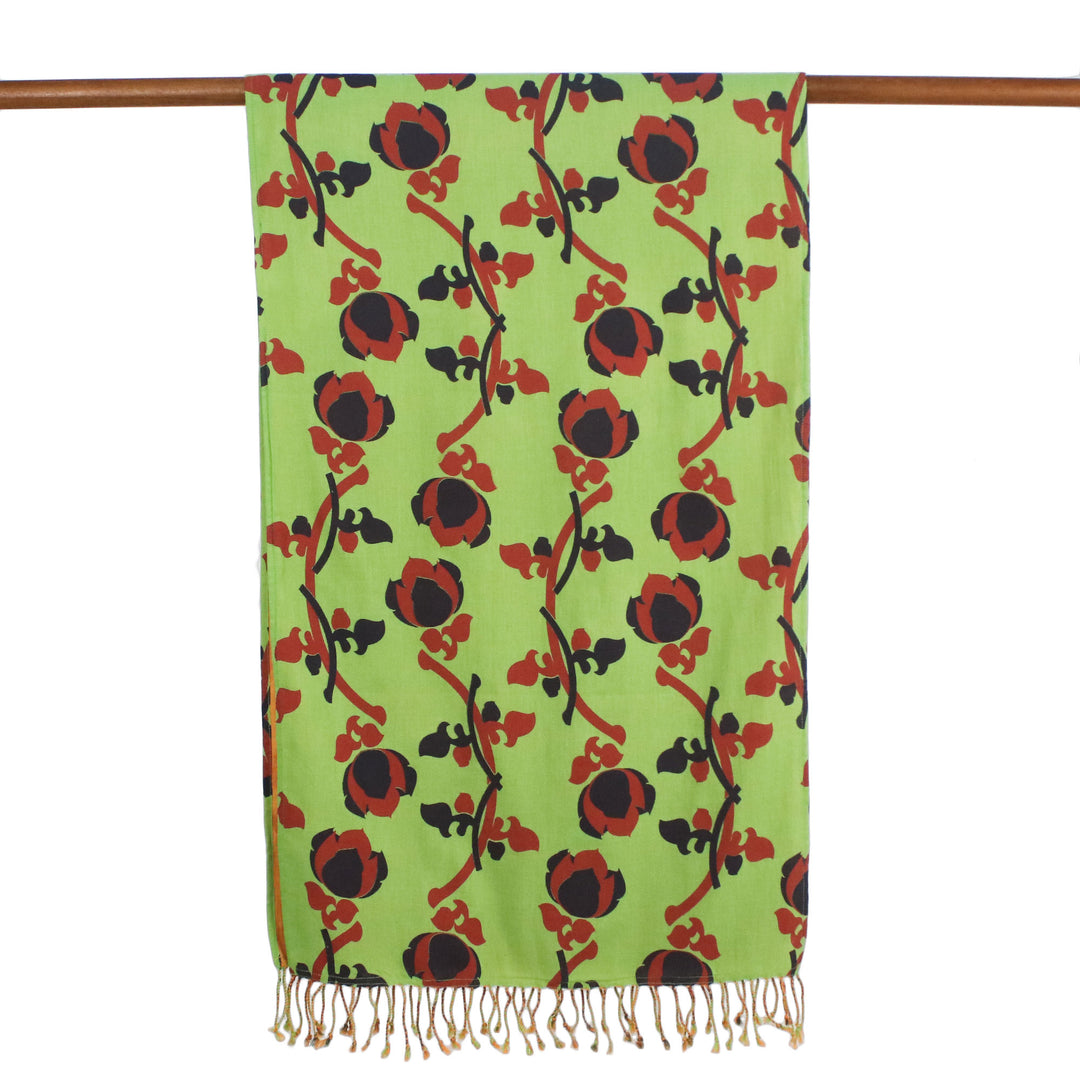 Green and Orange Cotton Floral Scarf Handmade in Thailand - Radiant Garden