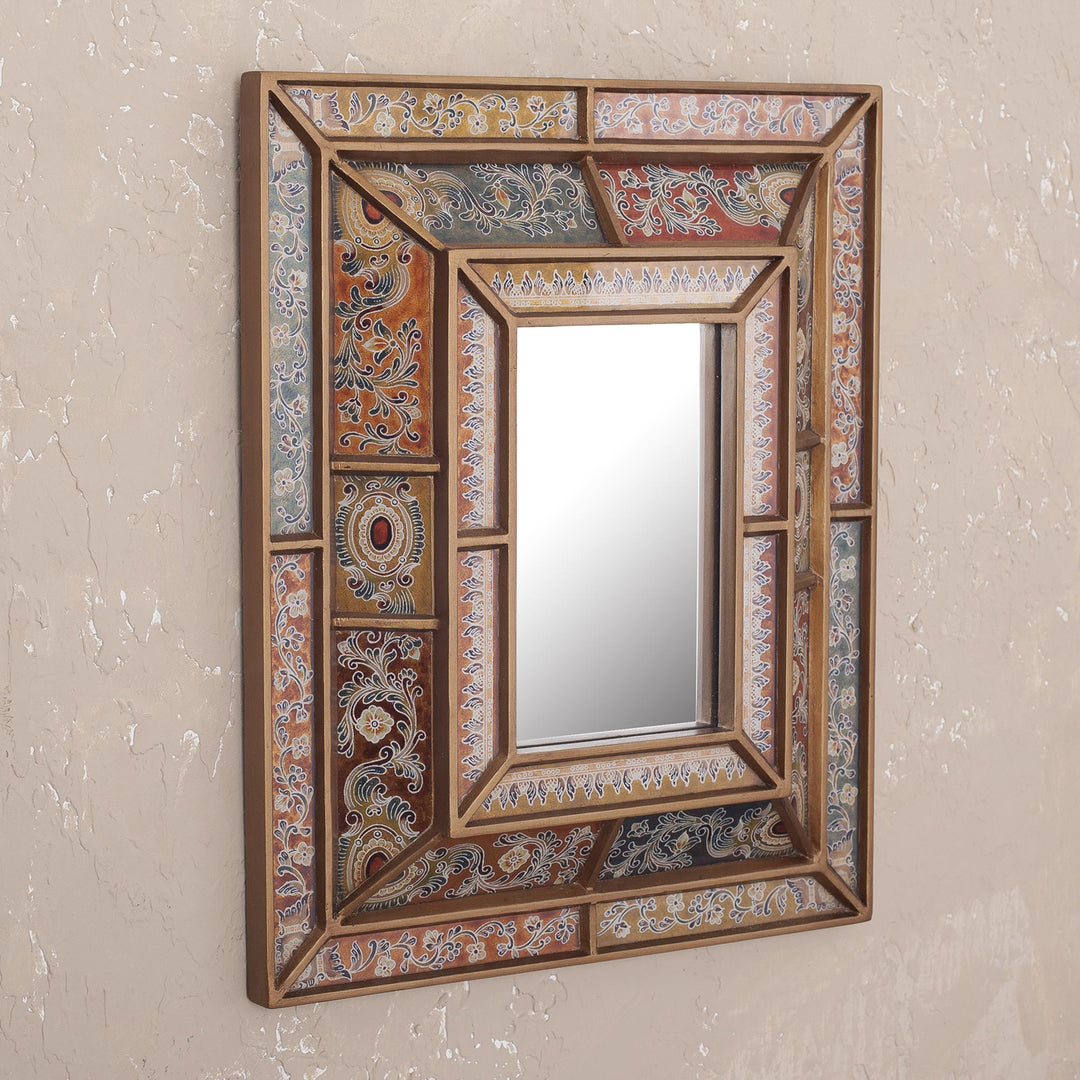 Floral Reverse-Painted Glass Wall Mirror from Peru - Colonial Charm