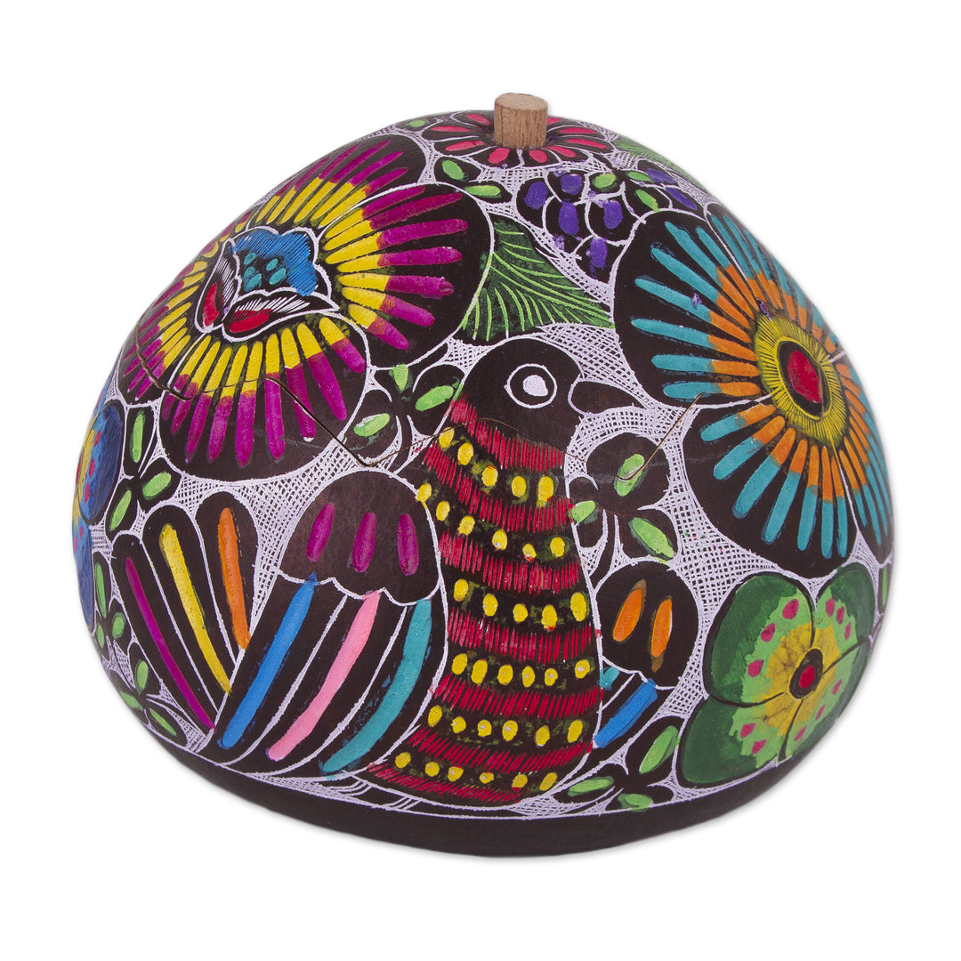 Hand Carved and Painted Birds Flowers Gourd Decorative Box - Garden Song