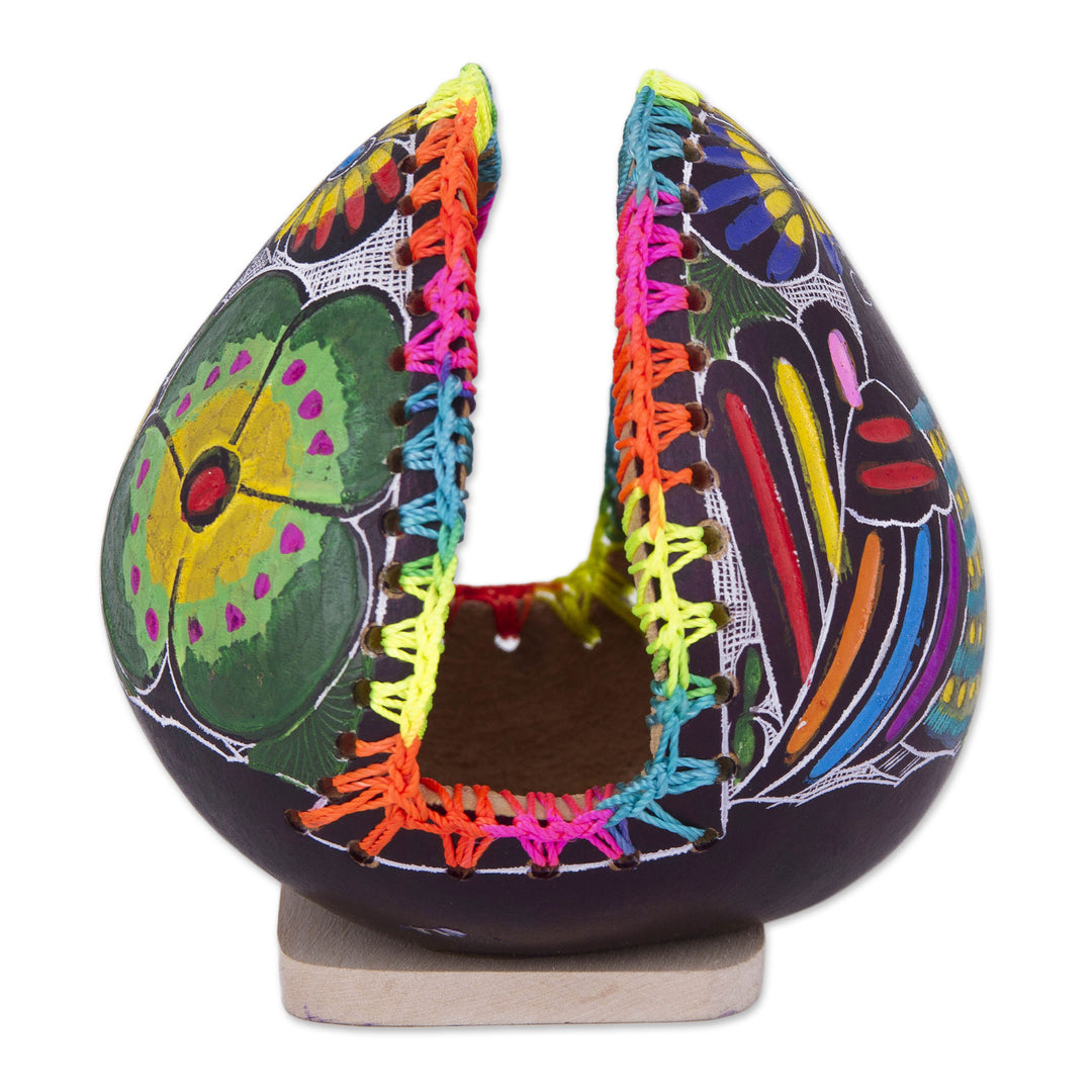 Colorful Bird and Flowers Hand Painted Gourd Napkin Holder - Birdsong Garden