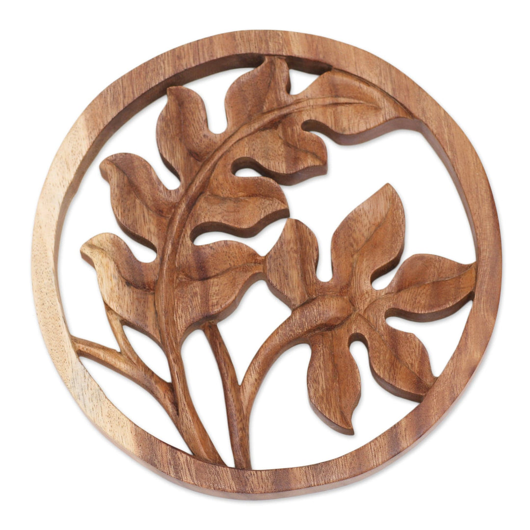 Balinese Crafted Fern Plant Suar Wood Relief Panel - Fern