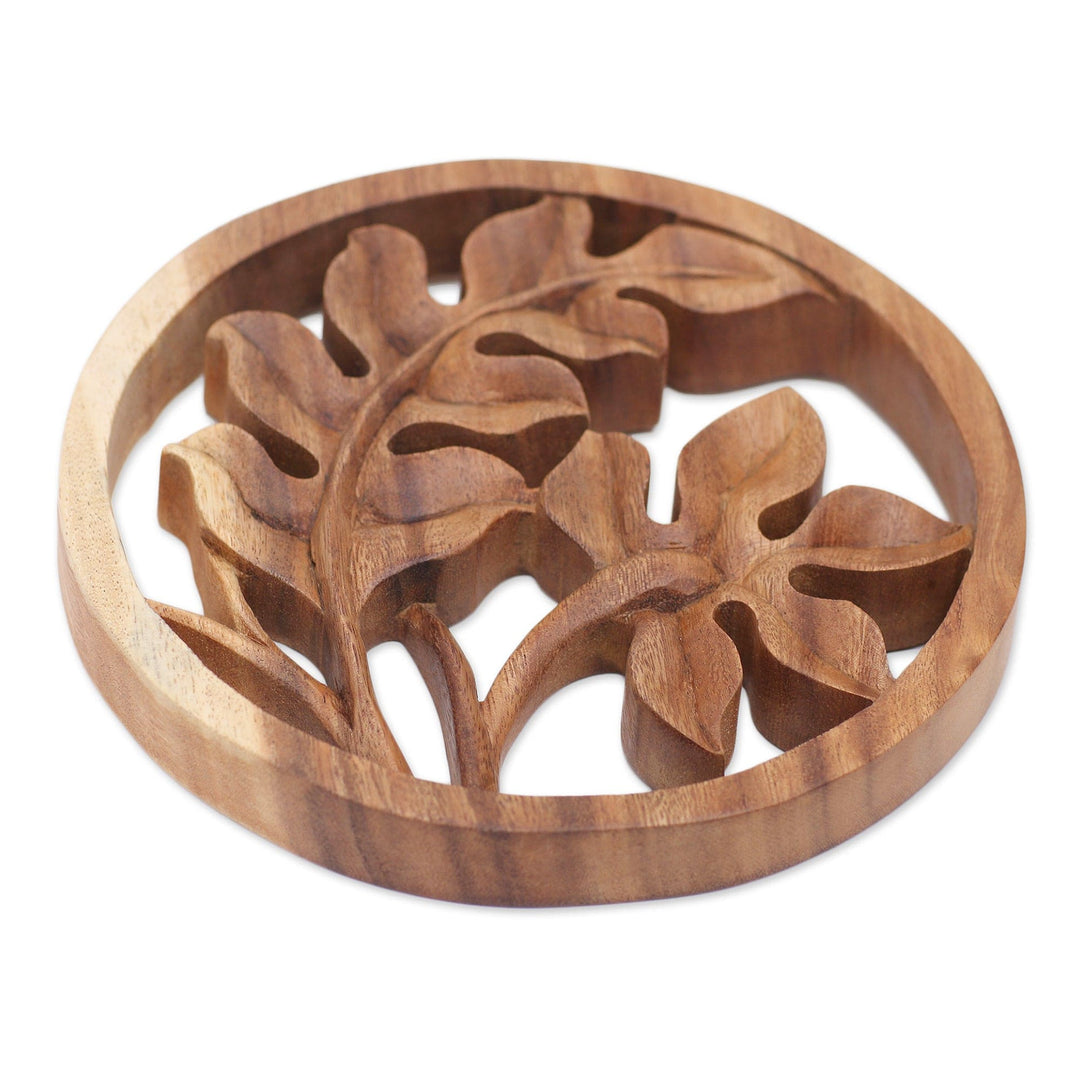 Balinese Crafted Fern Plant Suar Wood Relief Panel - Fern