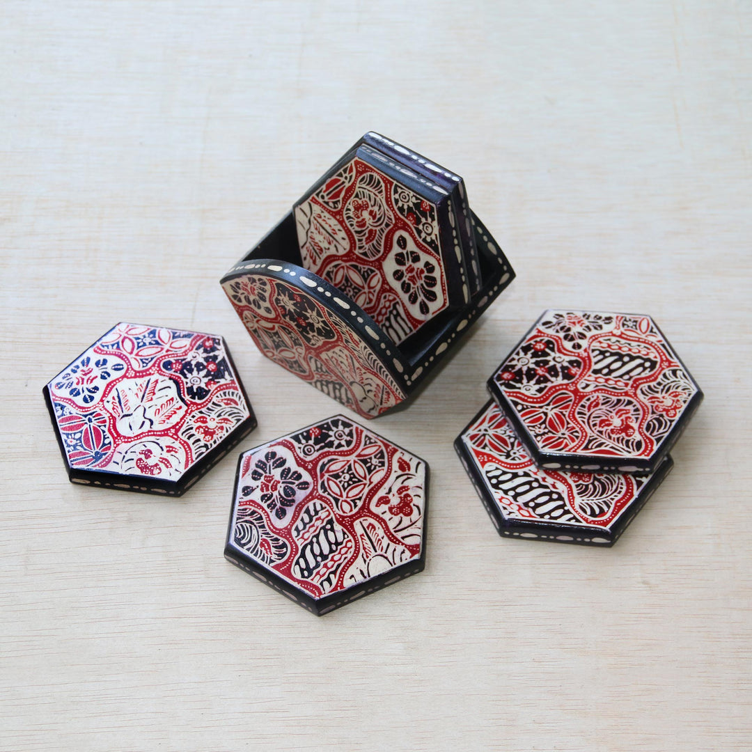 Red and Black Floral Batik Set of Six Wadang Wood Coasters - Sekarjagad