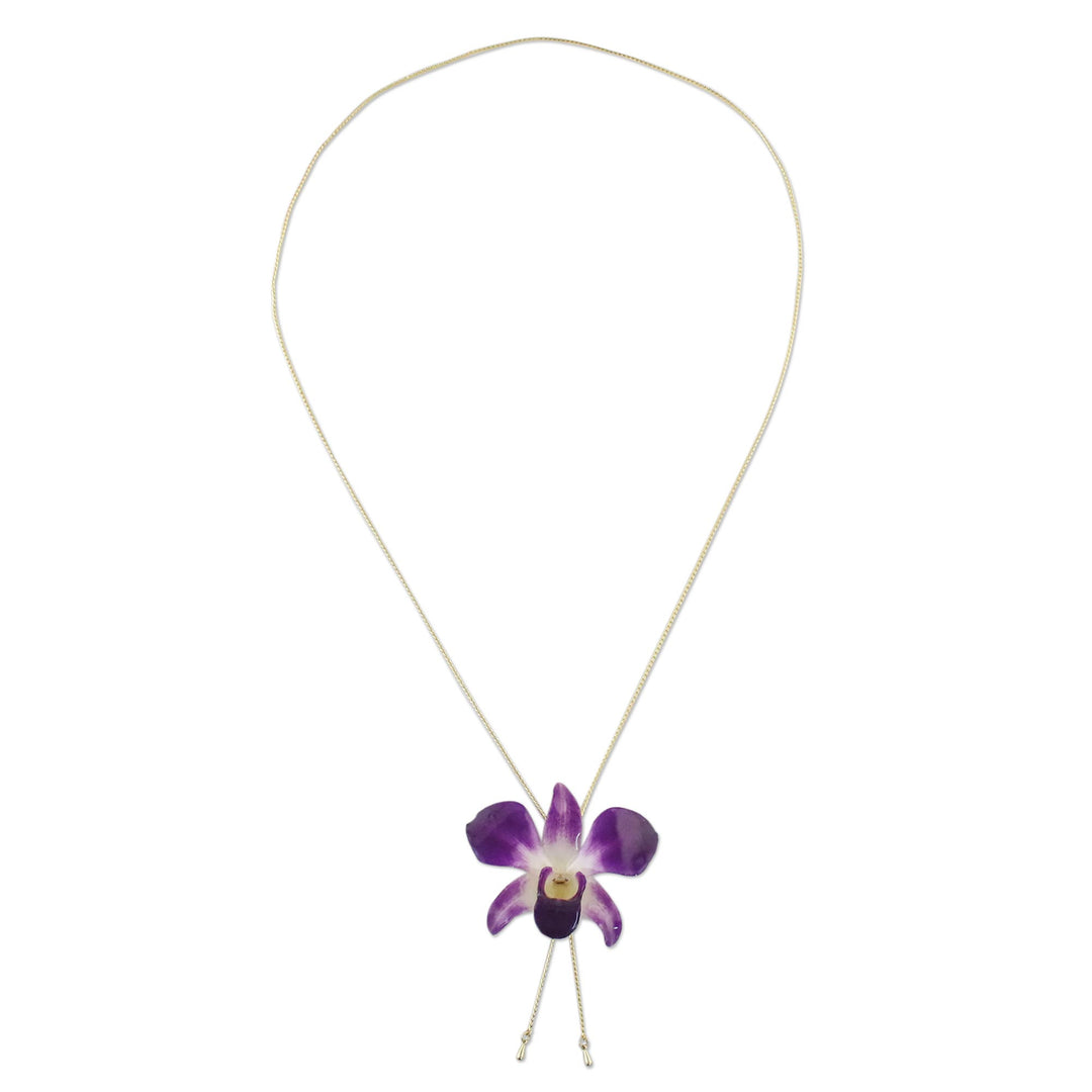 Genuine Purple Orchid Resin Pendant Necklace with Gold Chain - Orchid Majesty