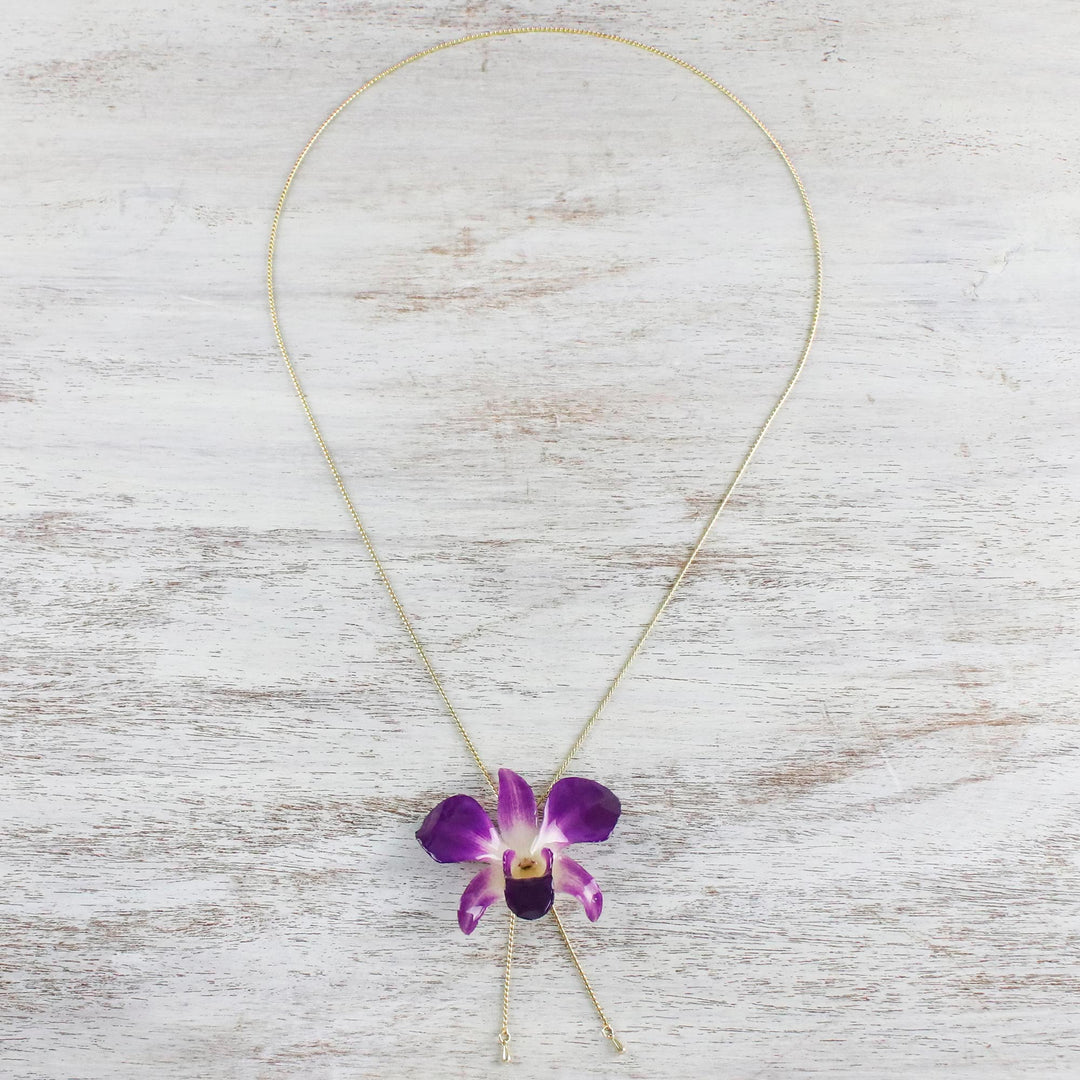 Genuine Purple Orchid Resin Pendant Necklace with Gold Chain - Orchid Majesty