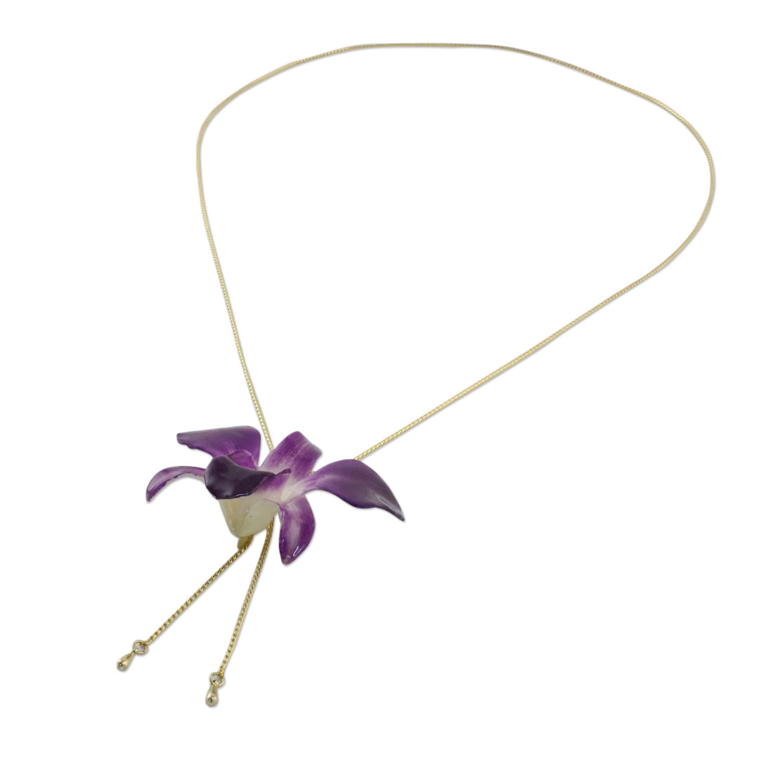 Genuine Purple Orchid Resin Pendant Necklace with Gold Chain - Orchid Majesty