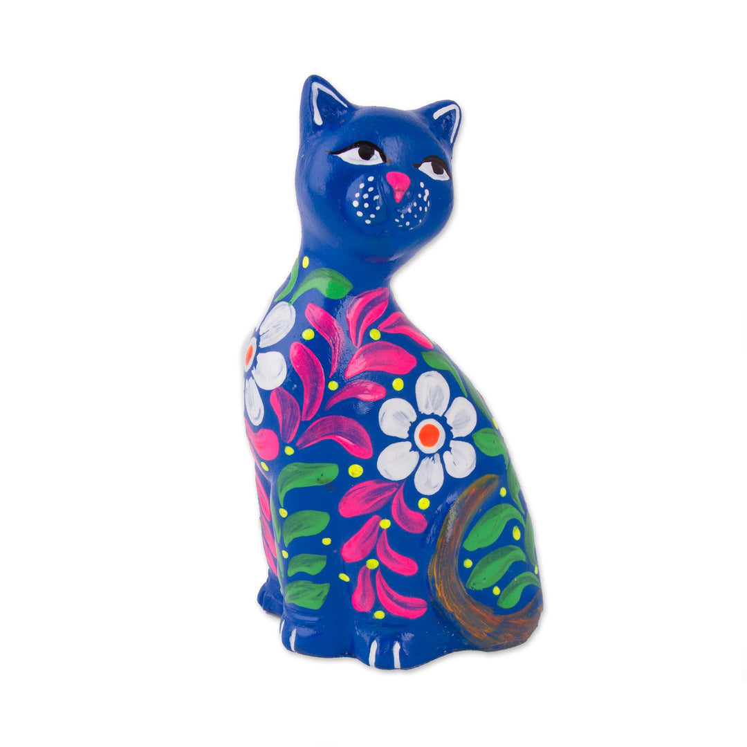 Peruvian Artisan Crafted Floral Ceramic Cat Figurine in Blue - Sweet Cat in Blue