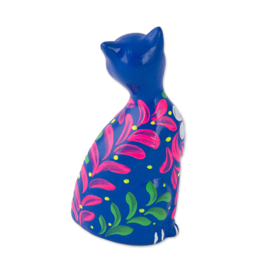 Peruvian Artisan Crafted Floral Ceramic Cat Figurine in Blue - Sweet Cat in Blue