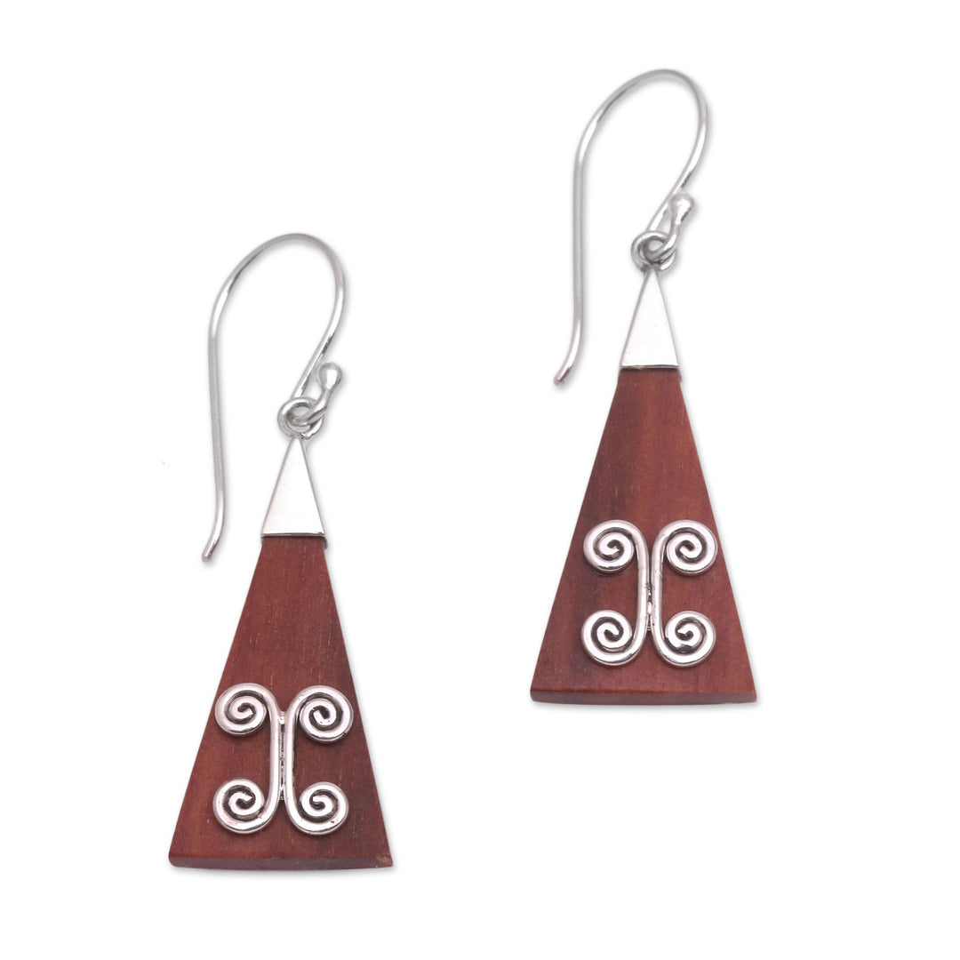 Wood Triangle Sterling Silver Swirl Modern Dangle Earrings - Reach