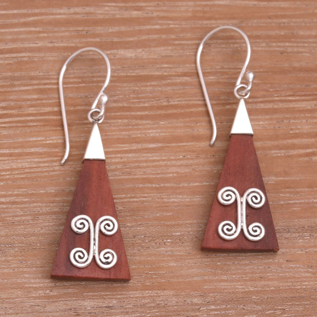 Wood Triangle Sterling Silver Swirl Modern Dangle Earrings - Reach