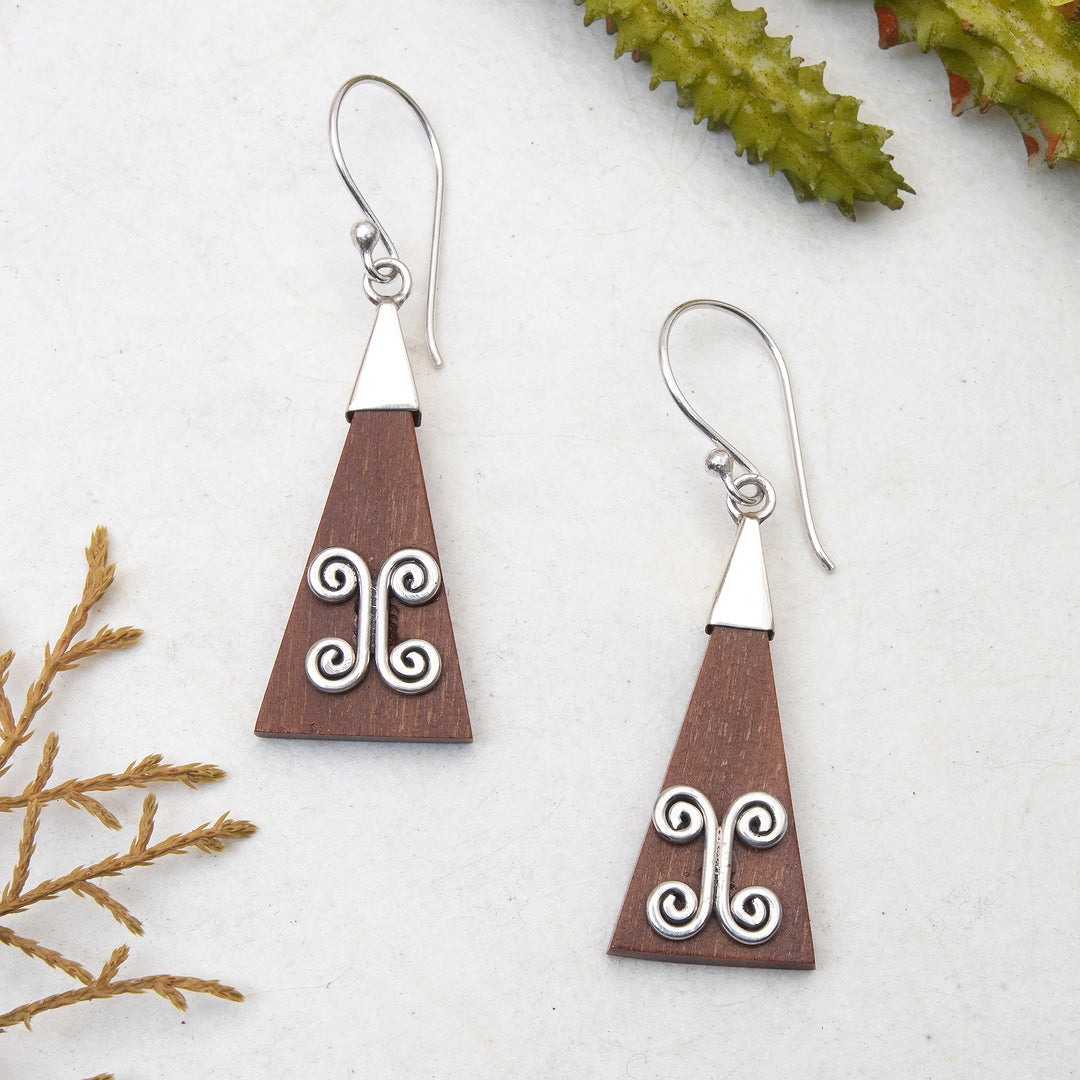 Wood Triangle Sterling Silver Swirl Modern Dangle Earrings - Reach