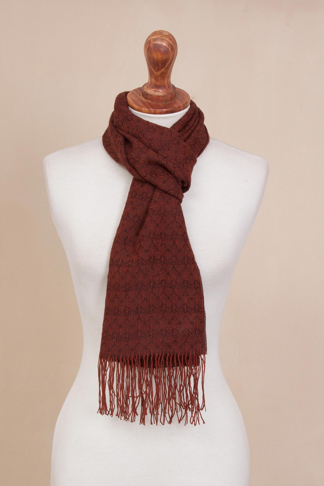 Orange-Brown Subtle Diamond Pattern 100% Alpaca Woven Scarf - Subtle Spice