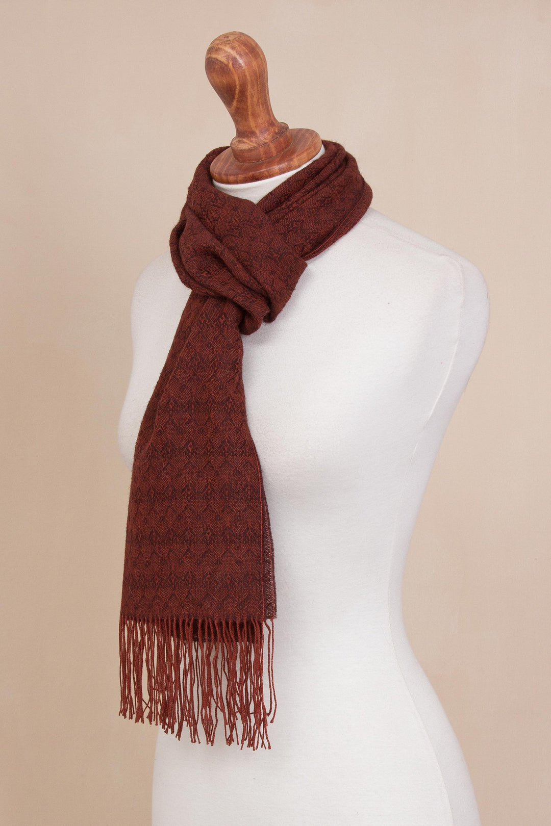 Orange-Brown Subtle Diamond Pattern 100% Alpaca Woven Scarf - Subtle Spice