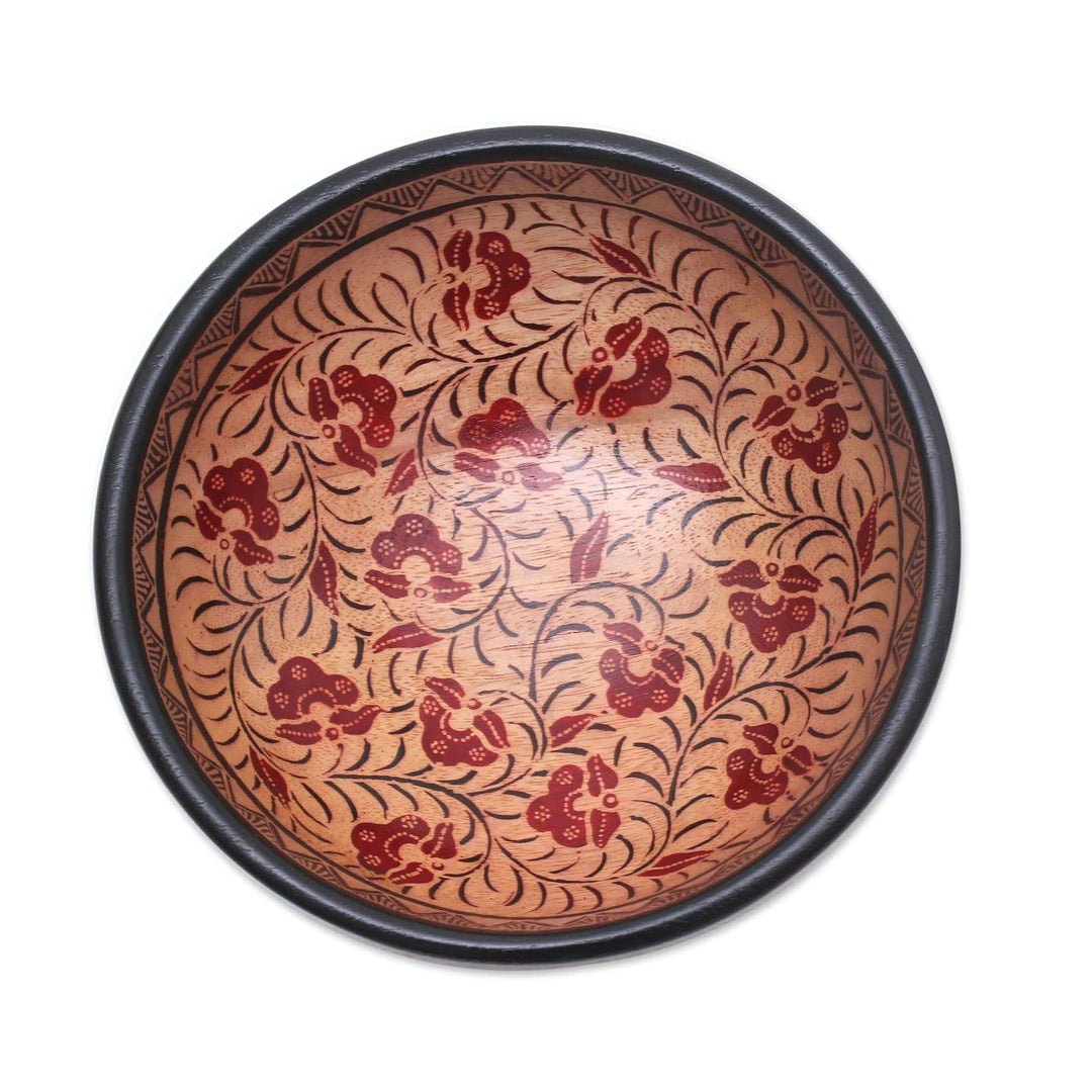 Floral Motif Batik Wood Decorative Bowl from Bali - Lok Chan Flowers