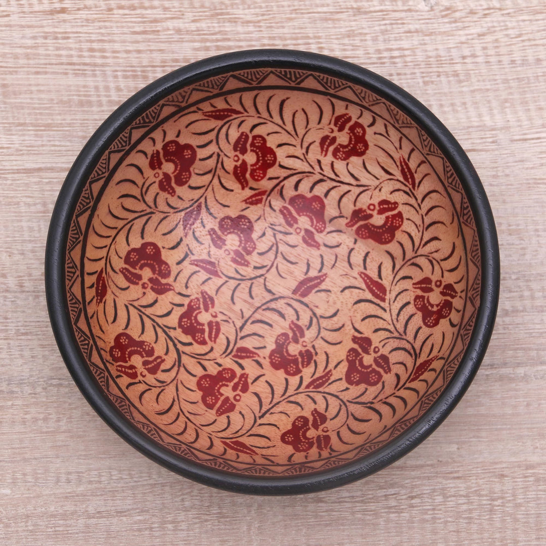 Floral Motif Batik Wood Decorative Bowl from Bali - Lok Chan Flowers