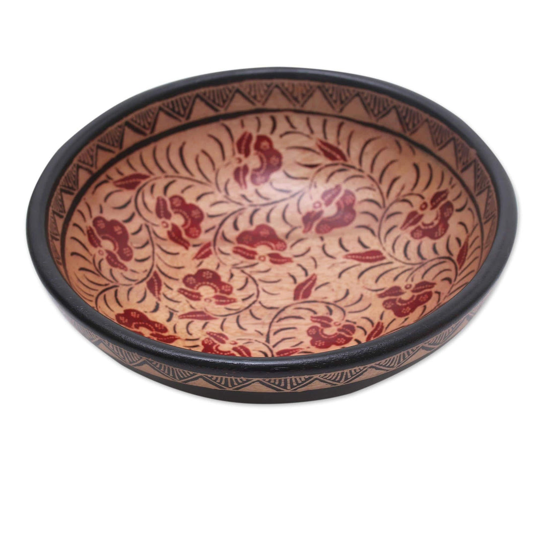 Floral Motif Batik Wood Decorative Bowl from Bali - Lok Chan Flowers