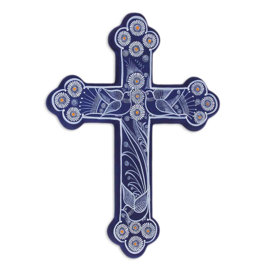 Blue with White Doves and Flowers Hand Painted Ceramic Cross - Serenity Cross