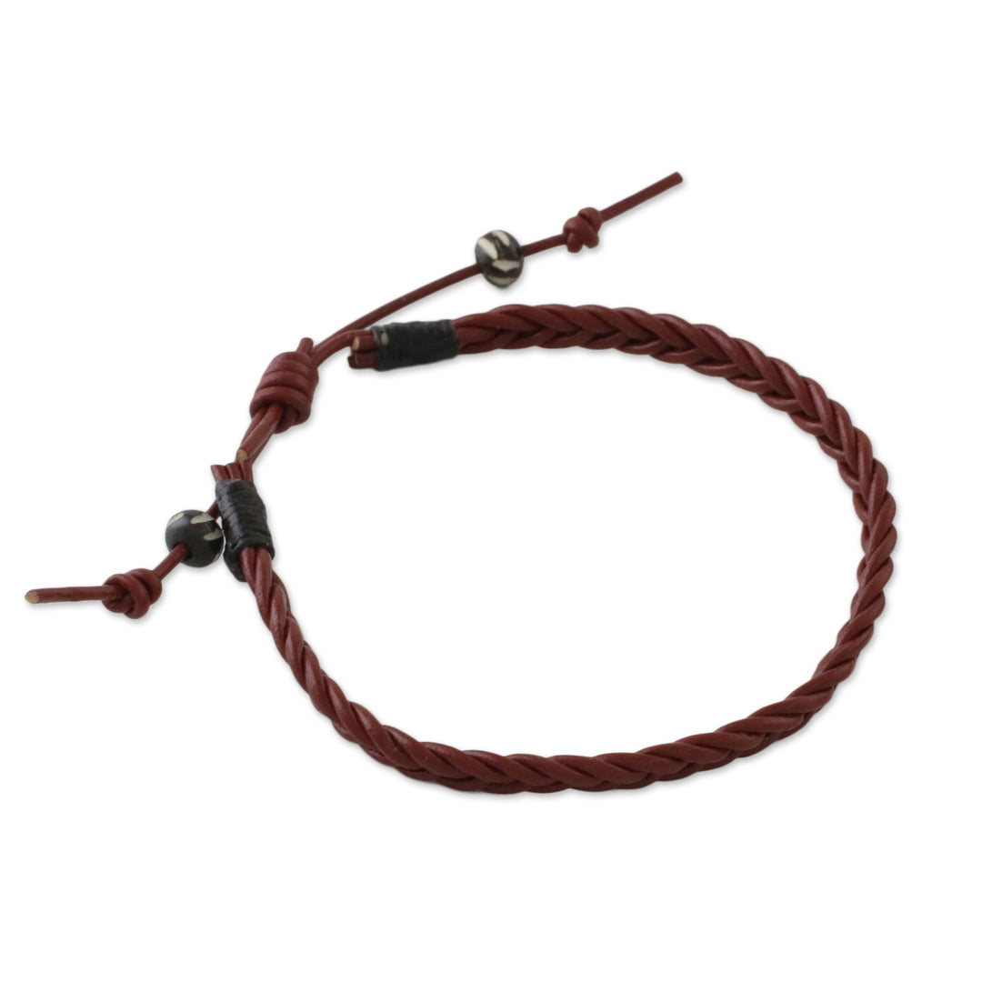 Men's Cow Bone Bead Mahogany Braided Leather Bracelet - Rustic Simplicity