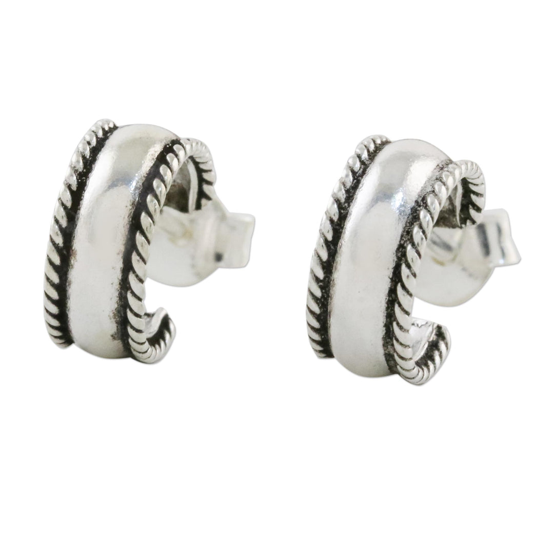 Rope Motif Sterling Silver Half-Hoop Earrings from Thailand - Purity of the Mind