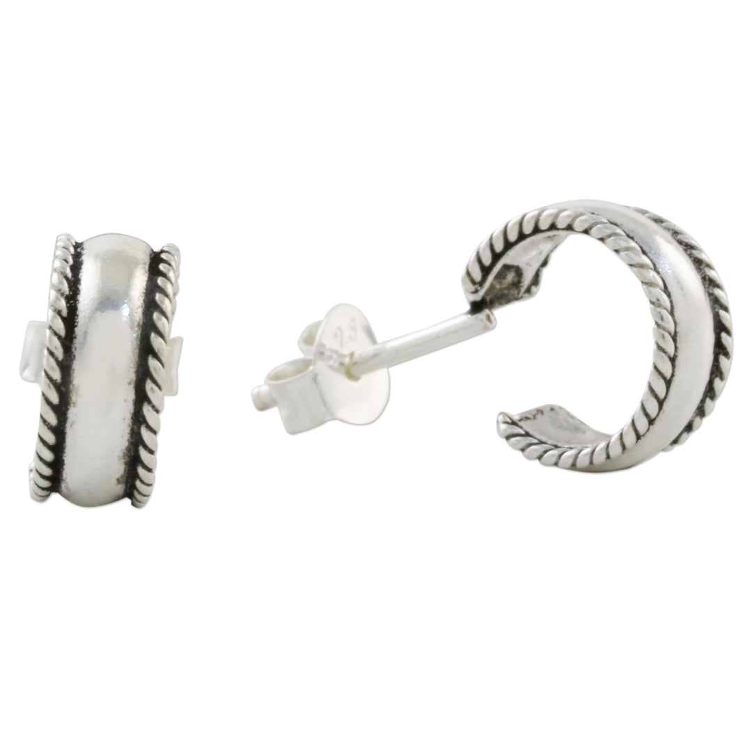 Rope Motif Sterling Silver Half-Hoop Earrings from Thailand - Purity of the Mind