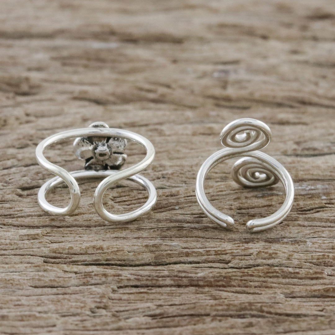 Floral Sterling Silver Ear Cuffs from Thailand - Flower and Spiral